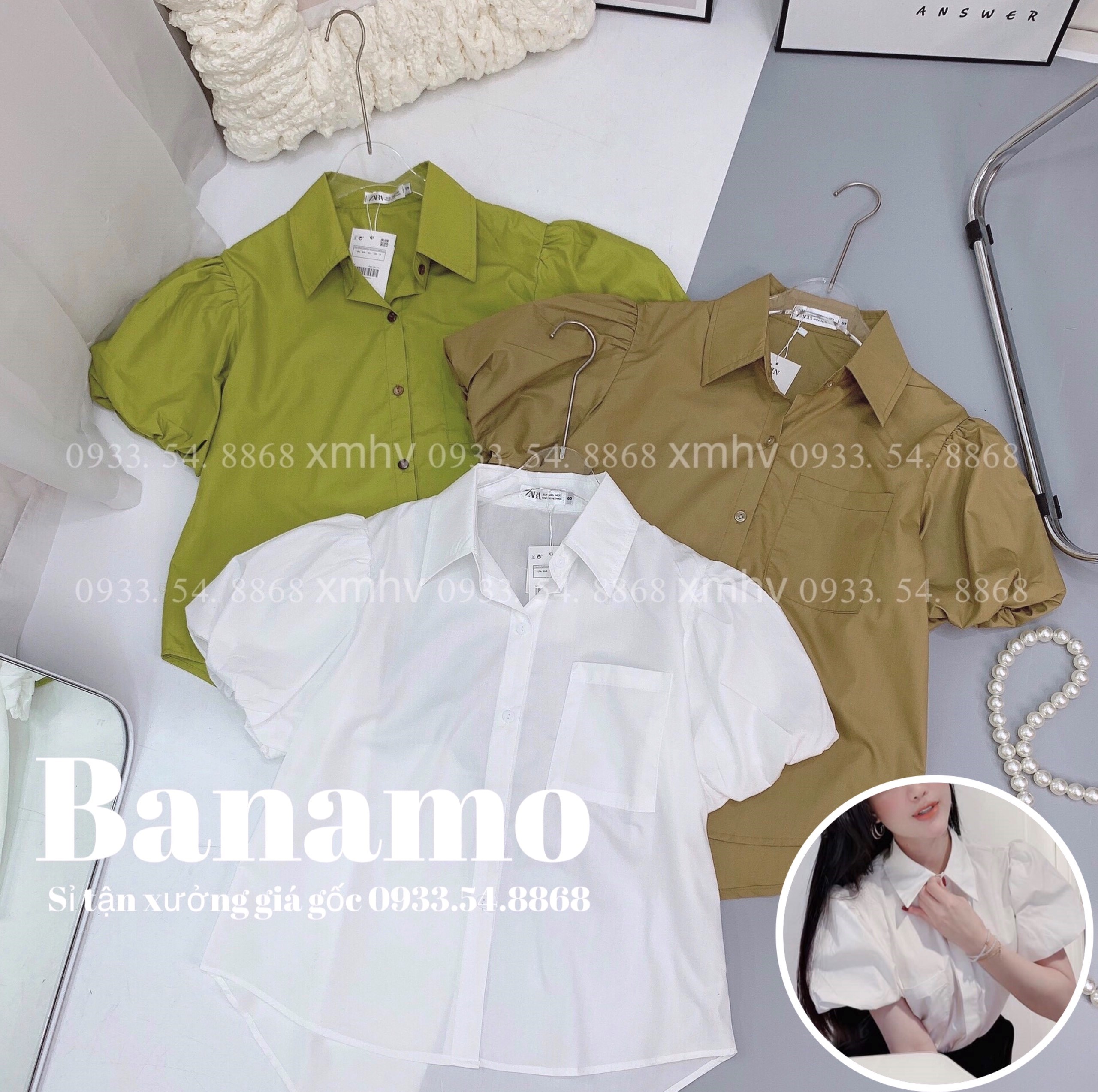 Áo sơ mi nữ tay bồng hàng thiết kế thời trang banamo fashion áo sơ mi cộc  tay 3920