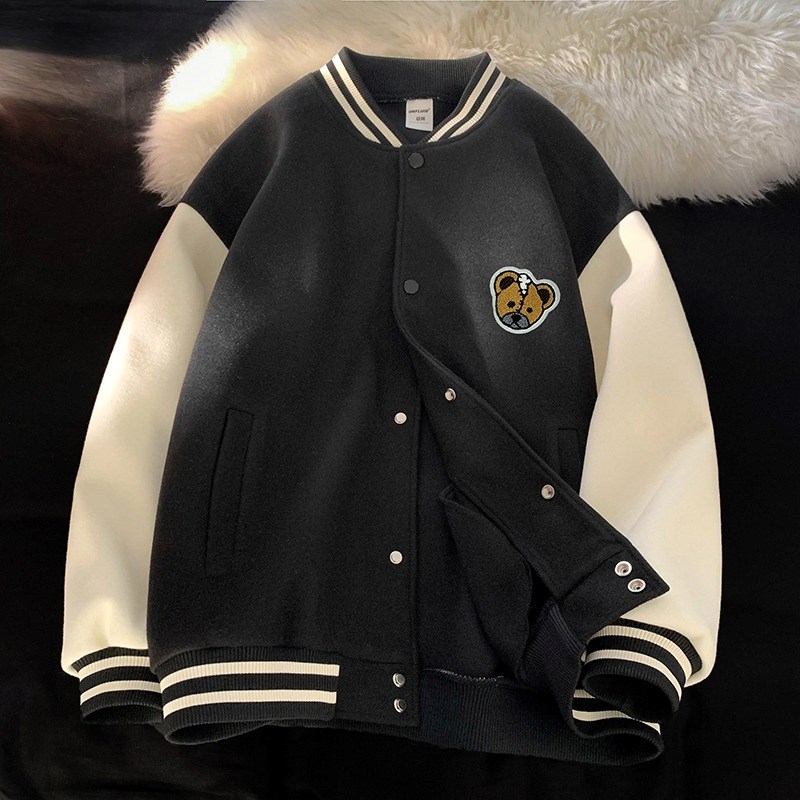 Áo khoác bomber unisex varsity jacket - áo bóng chày thêu hình gấu kute,  chất nỉ bông cotton dày dặn