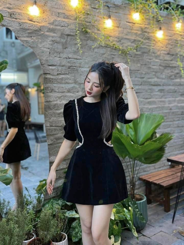 Váy nhung nữ BIGSIZE đầm nhung đen cổ nơ pha bèo trắng tiểu thư 556   Shopee Việt Nam