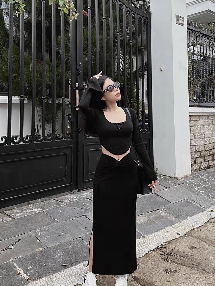 Sét áo croptop tay dài + Chân váy ôm body nhún đuôi cá | Shopee Việt Nam